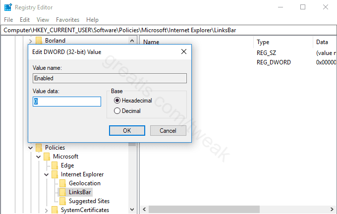 Changing the registry value