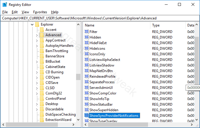 Registry key for Disable Notifications in File Explorer in Windows 10