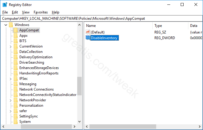 Registry key for Disable Inventory Collector