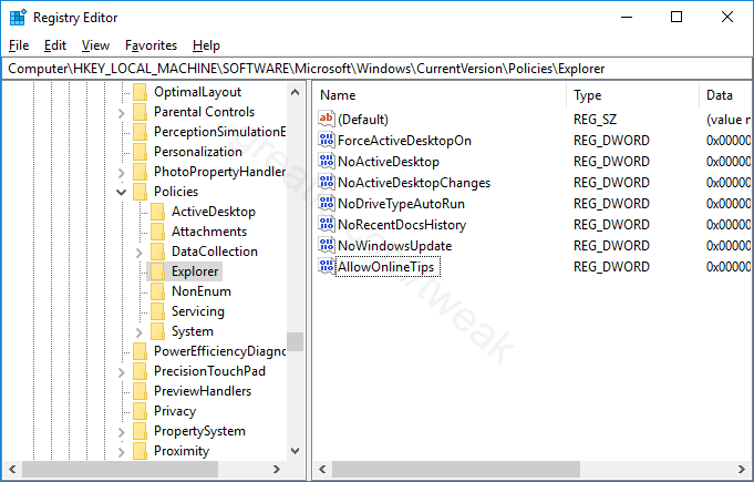 Registry key for Disable Online Tips in Settings in Windows 10
