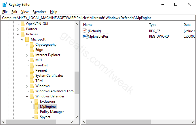 Registry key for Enable Protection against Unwanted Software or Adware