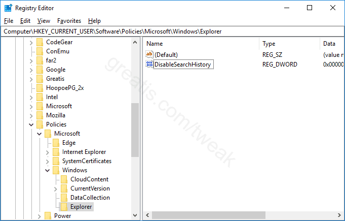 Registry key for Disable Storage and Display of Search History