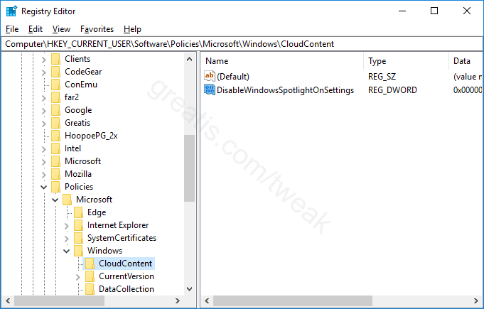 Registry key for Disable Windows Spotlight on Settings