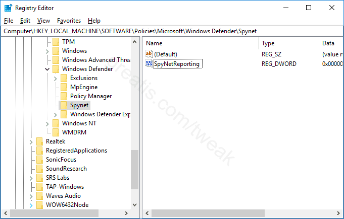 Registry key for Disable Microsoft SpyNet Membership
