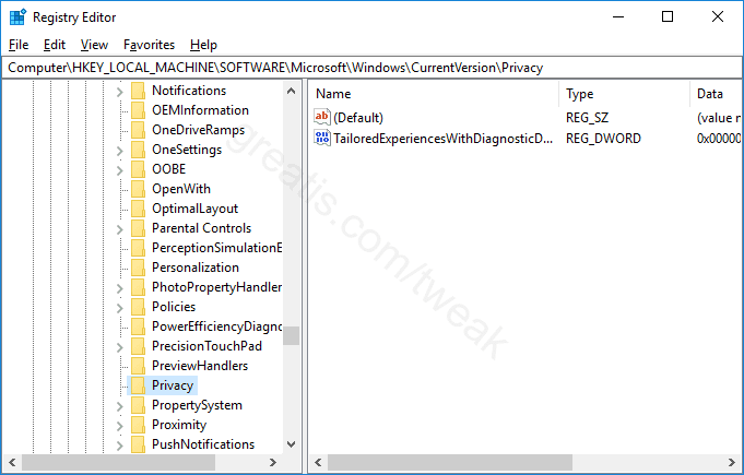 Registry key for Disable Diagnostic Data from Customizing User Experiences