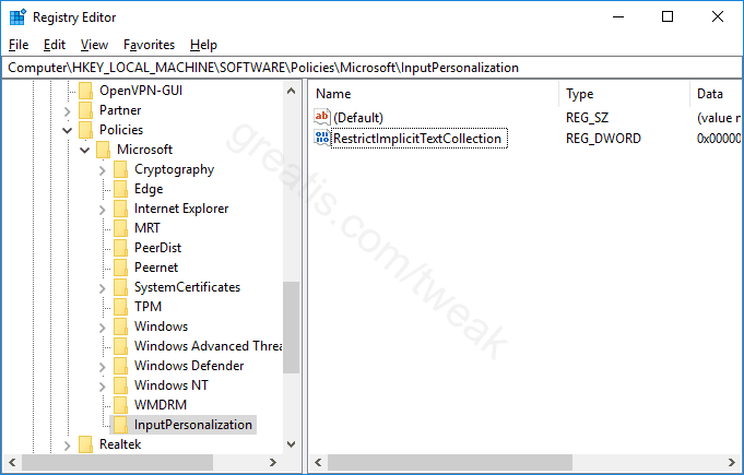Registry key for Disable Transmission of Typing Information