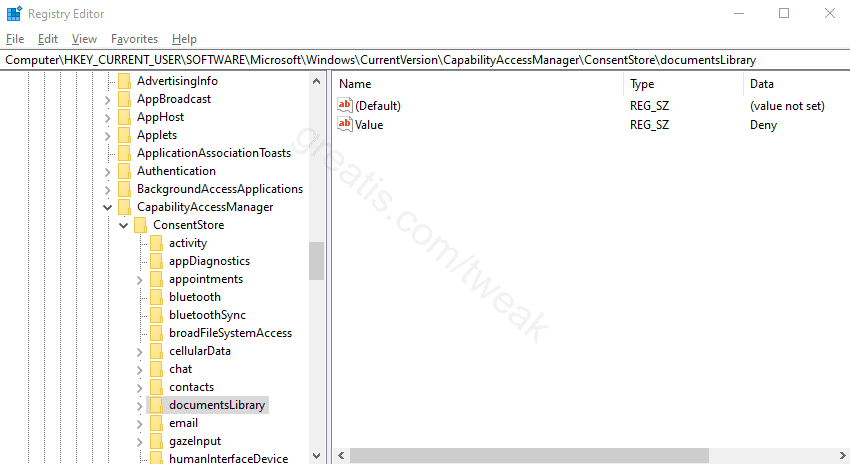 Registry key for Disable App Access to Documents