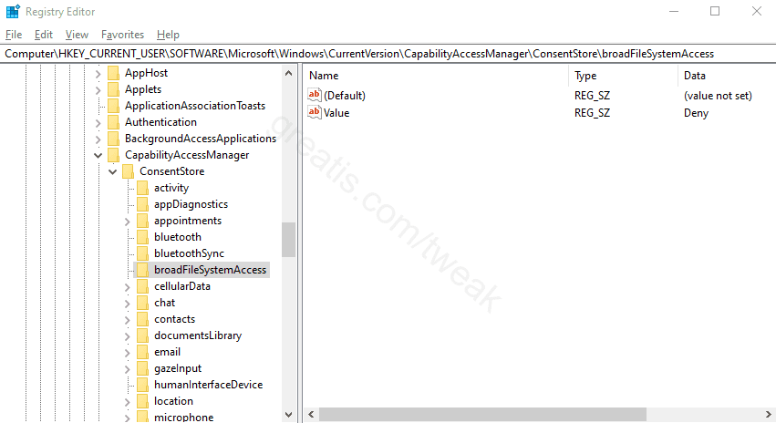 Registry key for Disable App Access to File System