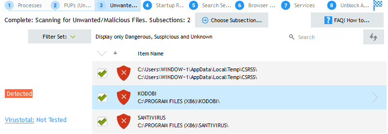 detected files and folders.